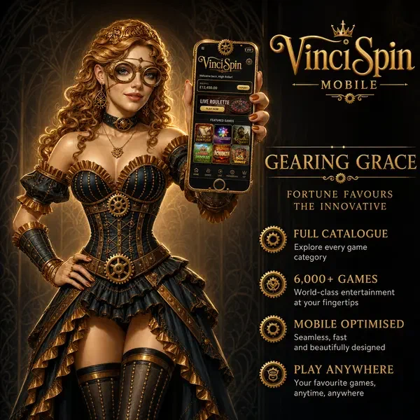 Gearing Grace präsentiert VinciSpin Mobile App mit 6.000+ Spielen, die auf goldenem Smartphone-Bildschirm leuchten