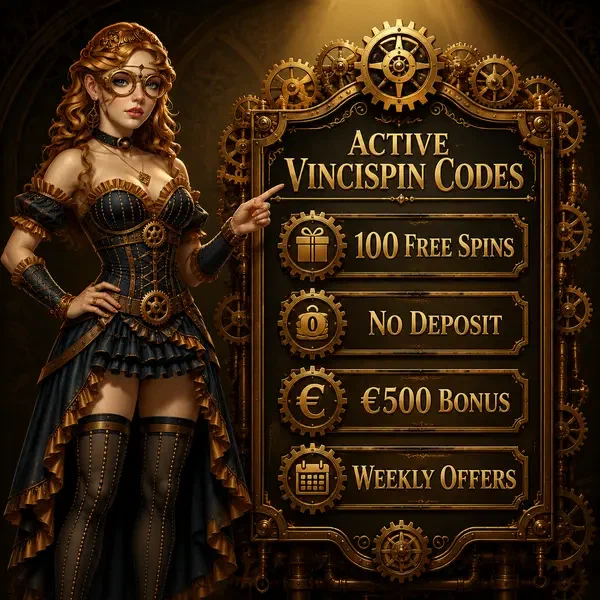 Viktorianische Glückssucherin Grace präsentiert VinciSpin Promo-Codes auf verzierter Messing-Anzeigetafel