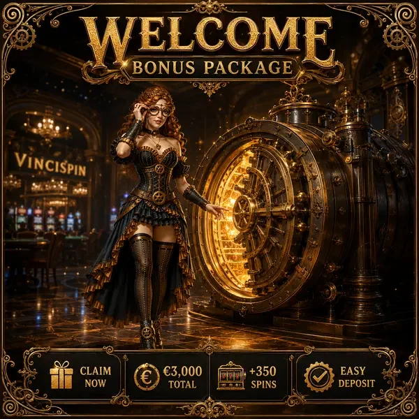 Grace nähert sich selbstbewusst dem leuchtenden Willkommensbonus-Tresor von VinciSpin in eleganter Casinohalle
