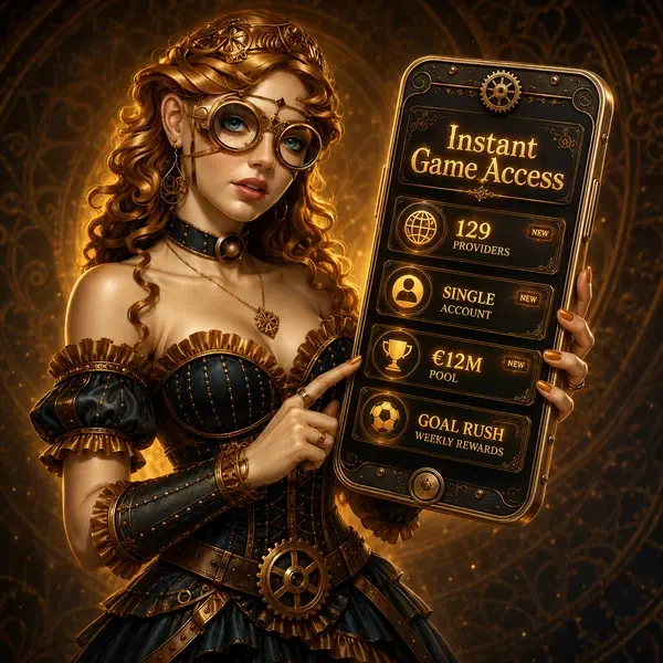 Grace hält Messing-Smartphone mit sofortigem Spielzugang bei Ihrer 6.000+ Spiele-Bibliothek öffnet sich sofort Registrierung