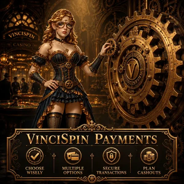 VinciSpin Zahlungsmethoden als elegante viktorianische Zahnräder sorgen für sichere Transaktionen