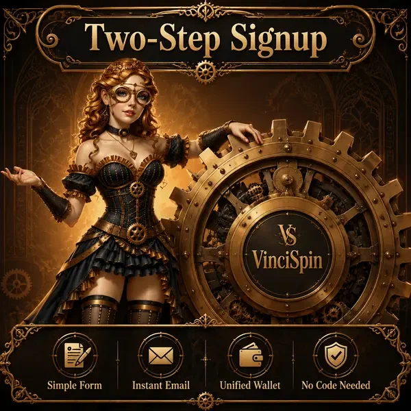 Spieler schließt einfache zweistufige Anmeldung bei VinciSpin mit eleganter mechanischer Oberfläche ab