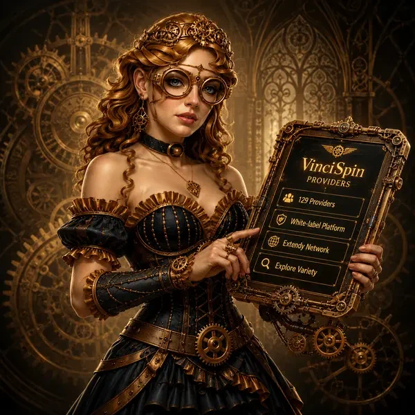 Viktorianische Erfinderin Grace analysiert VinciSpin Software-Anbieter auf Steampunk-Tablet-Oberfläche