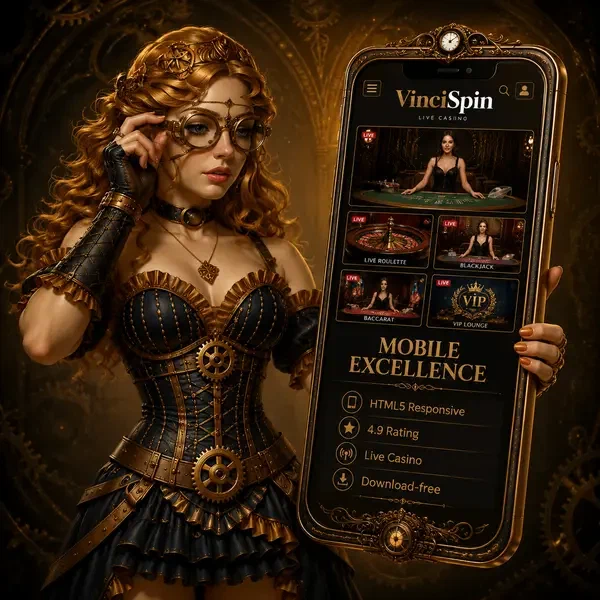 VinciSpin mobile App-Oberfläche zeigt Live-Casino-Exzellenz in Steampunk-Eleganz